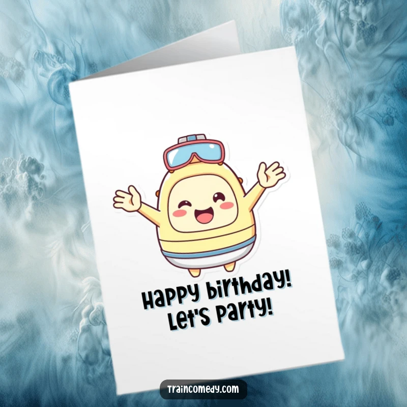 Funny Free Printable Birthday Card: A cheerful Kawaii character joyfully welcomes with open arms, inviting guests to a birthday party.