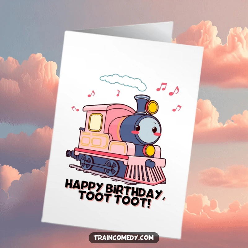 Funny Free Printable Birthday Card: Train engine tooting whistle, leaving a trail of musical notes.
