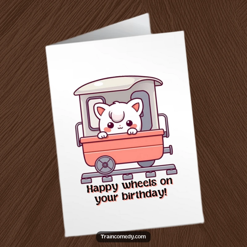 Funny Free Printable Birthday Card: Playful character comically peeks around a train cart, adding a surprise element.
