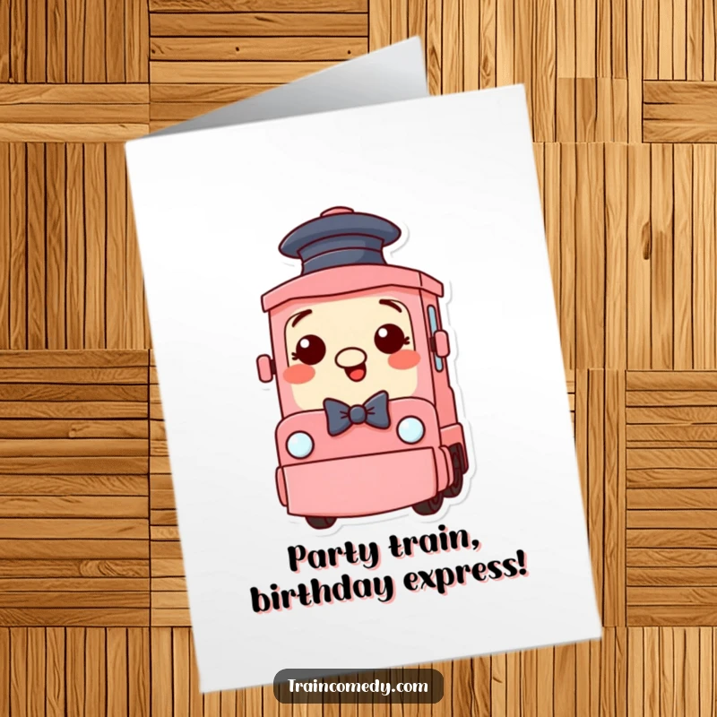 Funny Free Printable Birthday Card featuring a silly train character sporting a tiny hat and a flamboyant bow tie.