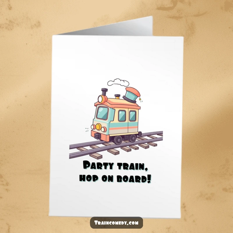 Funny free printable birthday card showing a train car in a jaunty hat, speeding energetically along a whimsical wavy track.
