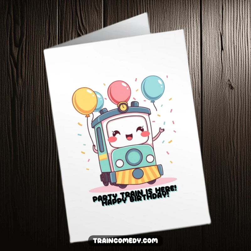 Funny Free Printable Birthday Card: A cute kawaii train character joyfully celebrating with confetti and balloons.