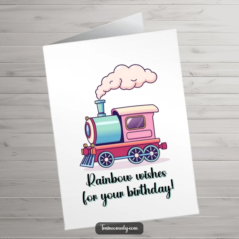 Funny free printable birthday card featuring a train engine emitting a vibrant puff of rainbow smoke from its chimney.