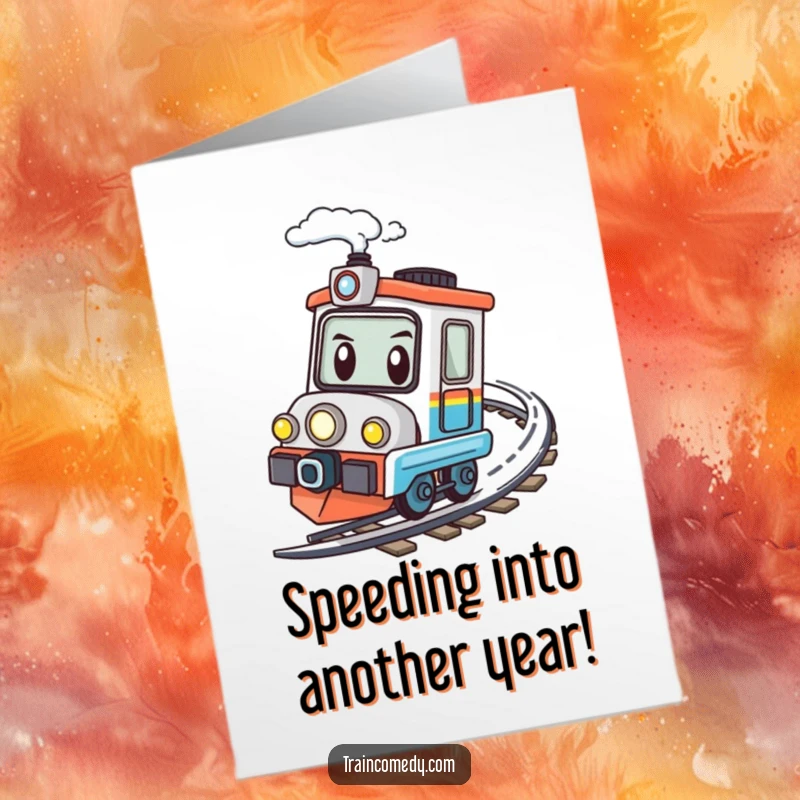 Funny Free Printable Birthday Card: Kawaii train character with a determined look speeding around a sharp bend.