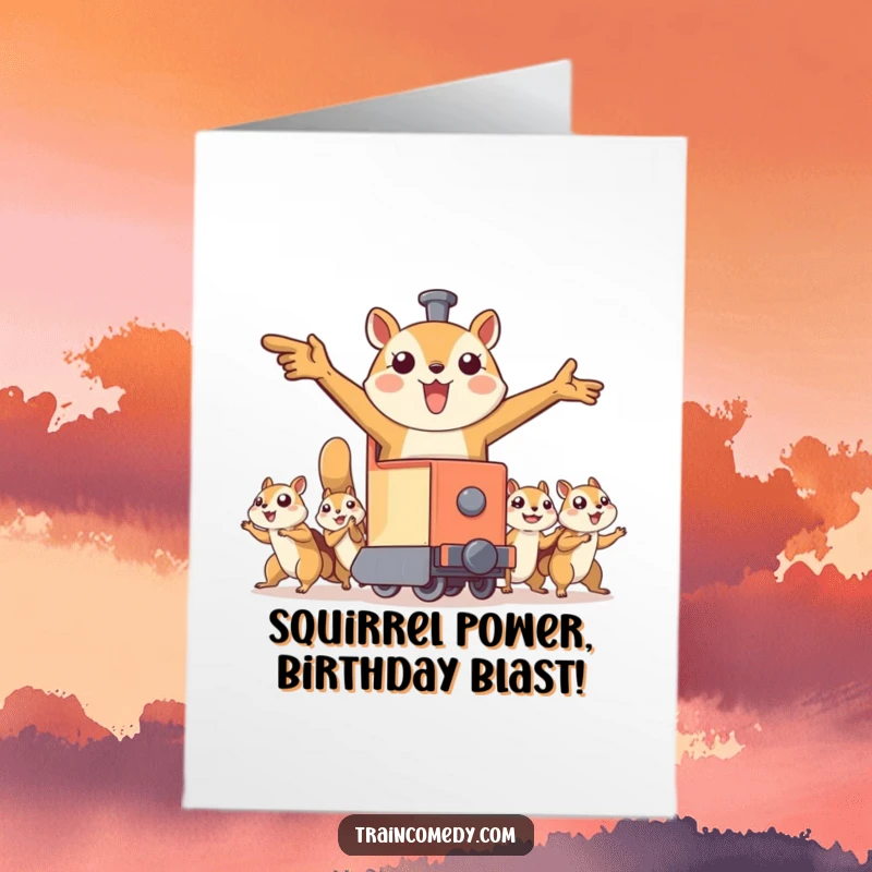 Funny Free Printable Birthday Card: A train with arms out is pulled by flying squirrels on an epic journey.