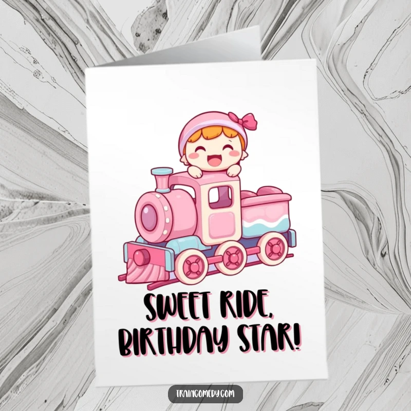 Funny Free Printable Birthday Card: Joyful character balances on roof of moving candy train car.