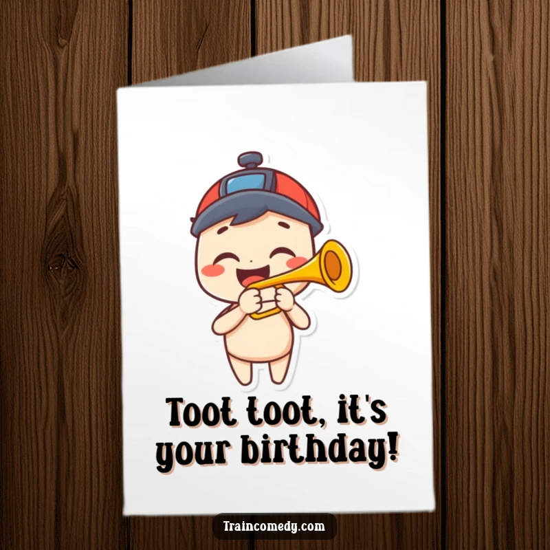 Funny Free Printable Birthday Card: Happy character grinning, playing a trumpet shaped like a train horn.
