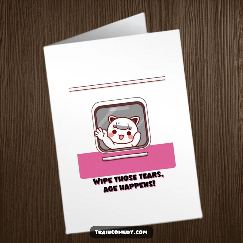 Funny Free Printable Birthday Card: Kawaii character joyfully waves from a train window, sending warm wishes for a happy day.