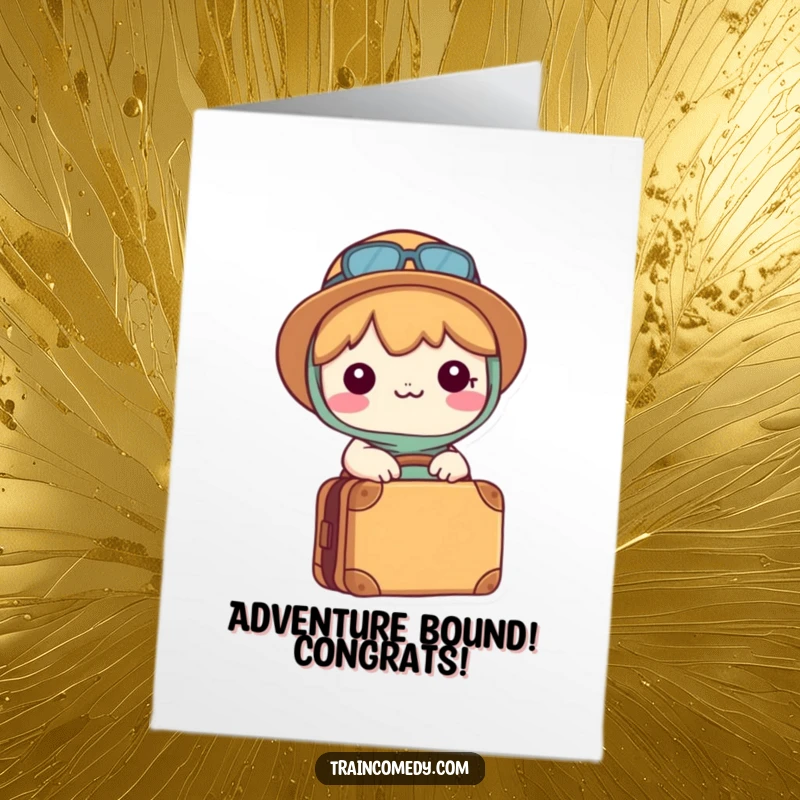 Funny Free Printable Congrats Card: Kawaii character with a packed suitcase is ready and excited for a new adventure.