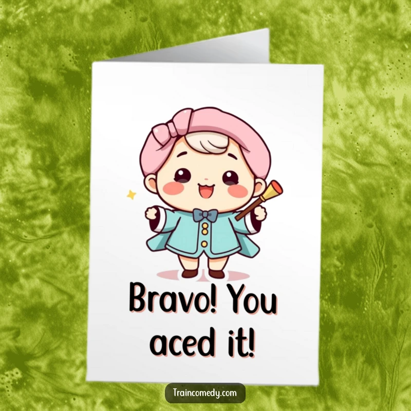 Funny Free Printable Congratulations Card: A joyful Kawaii conductor smiles wide, enthusiastically leading with a baton in celebration.