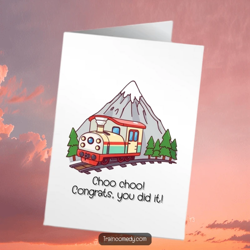 Funny Free Printable Congratulations Card: A curious kawaii train peeking from behind a mountain, ready to celebrate.