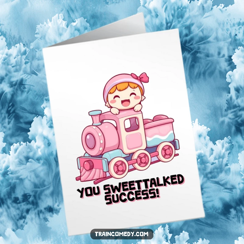 Funny Free Printable Congratulations Card: A happy character balances gleefully on top of a moving candy train car.