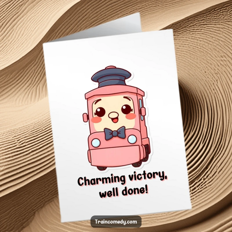 Funny Free Printable Congratulations Card showing a train character dressed up with a small hat and a smart bow tie.