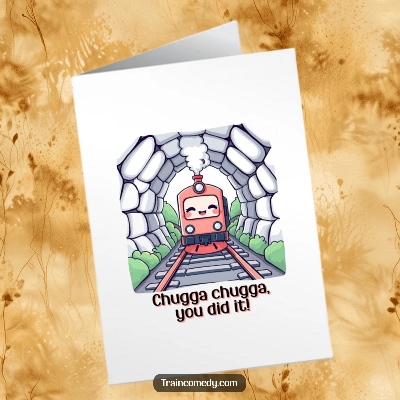 Funny Free Printable Congrats Card: Giggling kawaii train character emerges happily from a tunnel, signaling success.