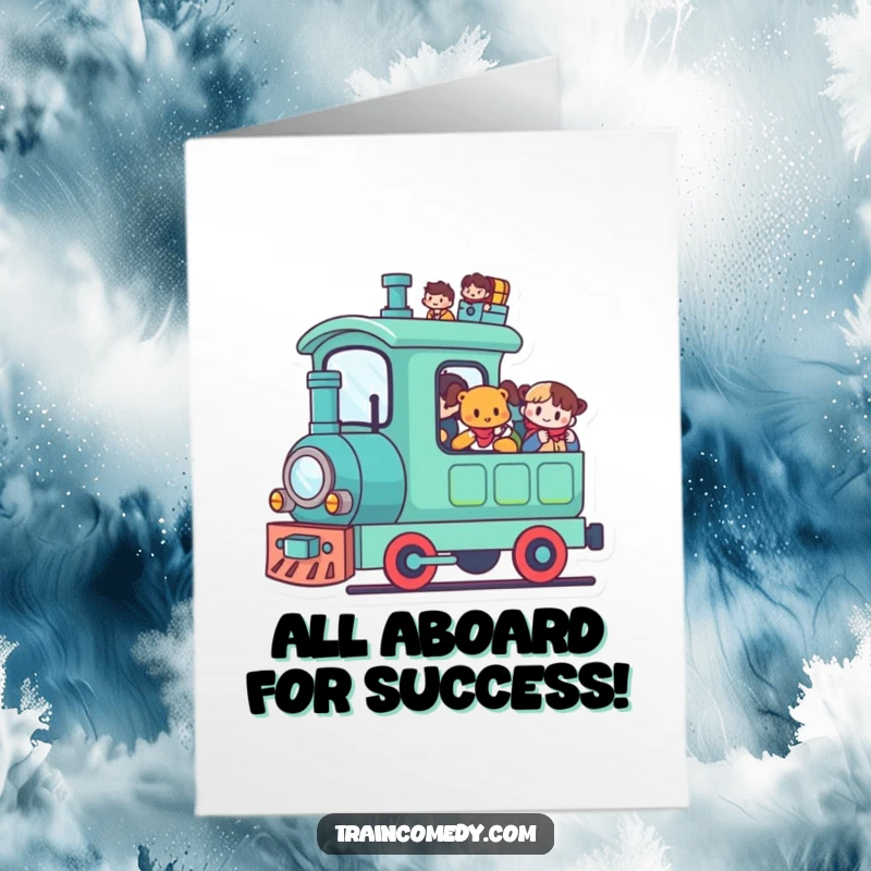 Funny Free Printable Congrats Card: Cute kawaii train happily carries smiling passengers, celebrating a successful journey.