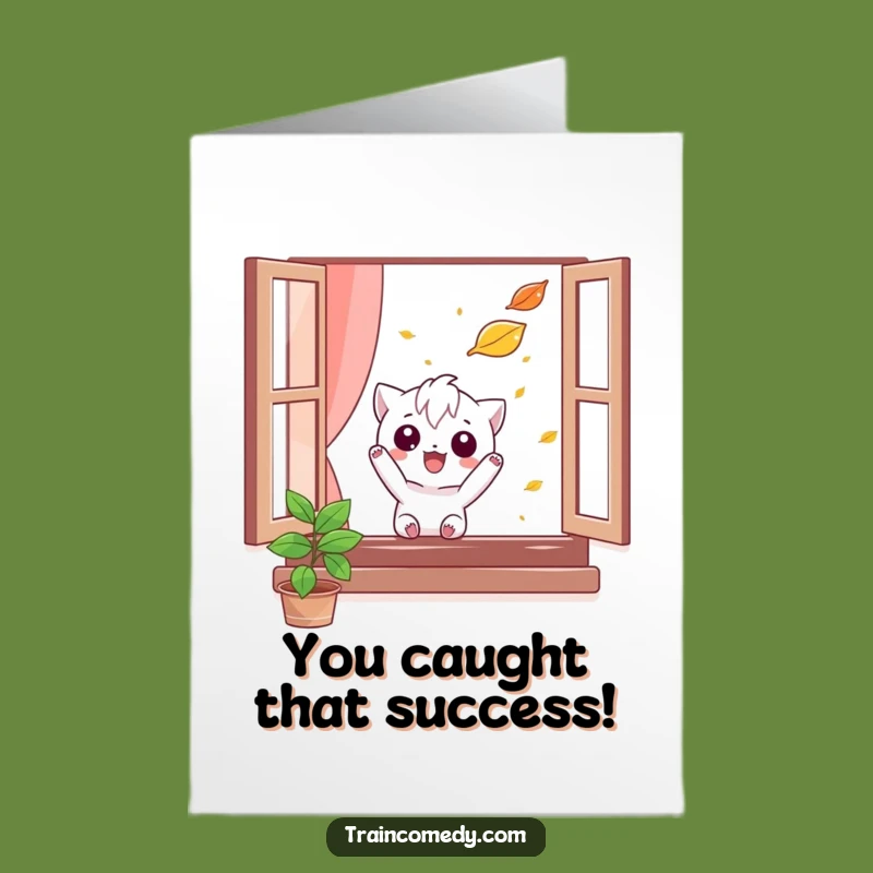 Free Printable Congrats Card: Mischievous Character Leaf Catch, Downloadable Gift