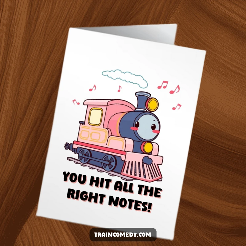 Funny Free Printable Congrats Card: Train engine character tooting its whistle, emitting musical notes.