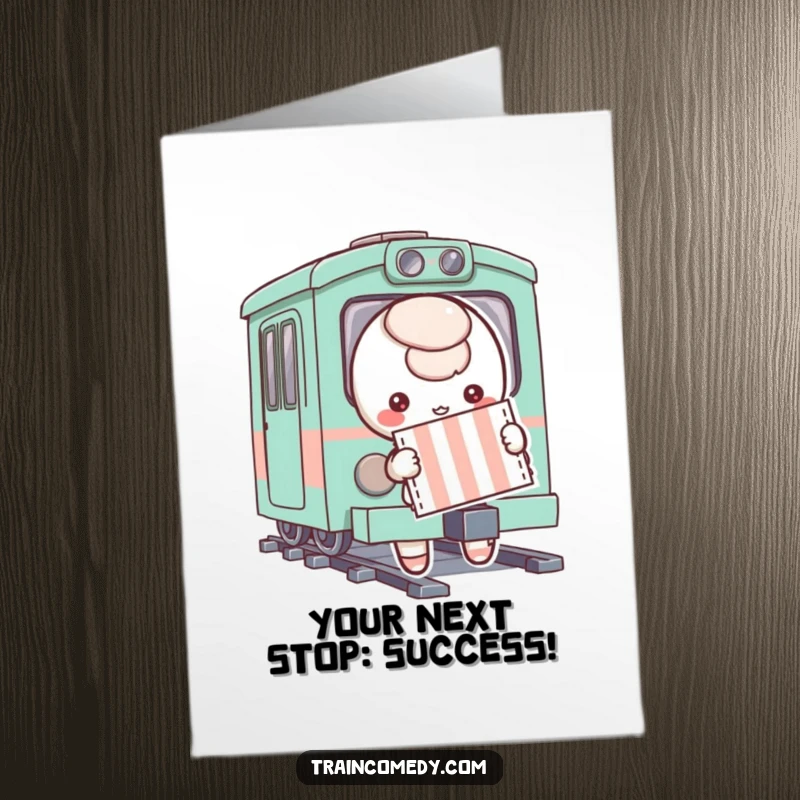 Funny Free Printable Congratulations Card: A playful character clutches a striped ticket, about to embark on a whimsical train adventure, celebrating new beginnings.