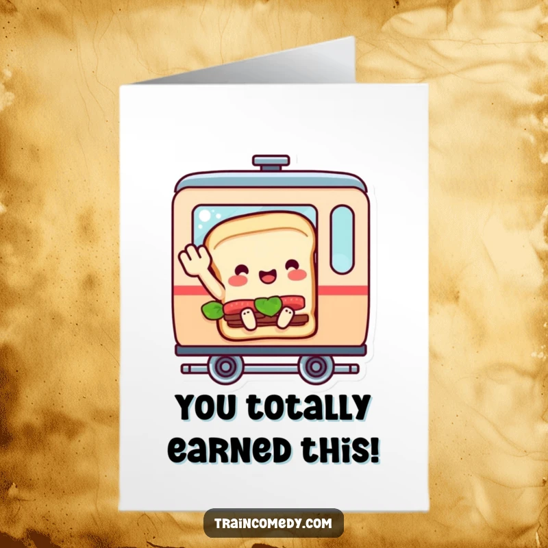 Funny Free Printable Congratulations Card: A cheerful sandwich character in a train car waving goodbye, celebrating your fantastic accomplishment.