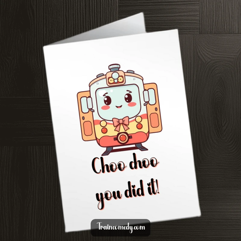 Funny Free Printable Congratulations Card featuring a train character with open doors, bowing courteously to welcome aboard.