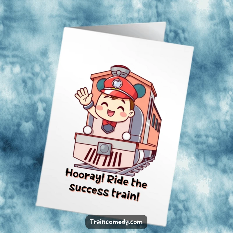 Funny Free Printable Congratulations Card: Cheerful train conductor waving from engine, celebrating new accomplishments with humor.