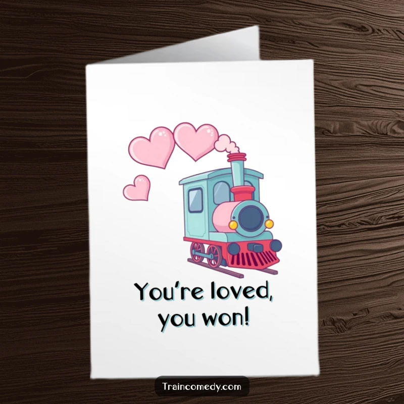 Funny Free Printable Congratulations Card of a Kawaii train car emitting heart smoke, celebrating success with love and positive vibes.