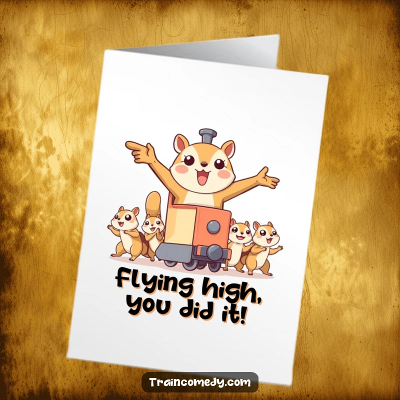 Funny Free Printable Congratulations Card: A train is enthusiastically pulled by flying squirrels, celebrating reaching new heights.