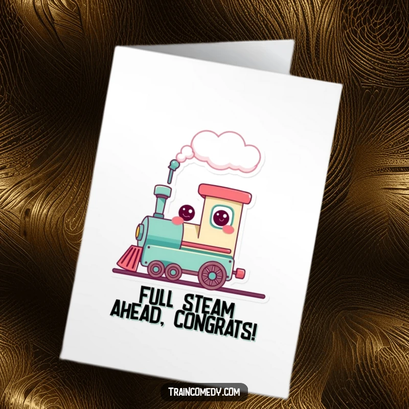Funny Free Printable Congratulations Card: Cute smiling train blowing a heart-shaped cloud, perfect for happy news.