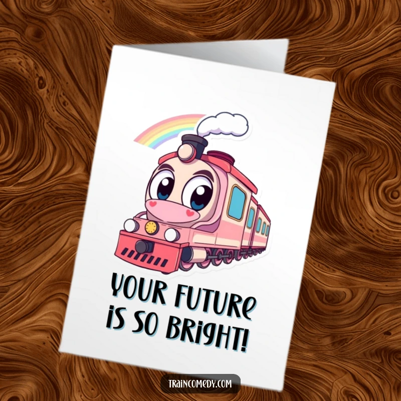 Funny Free Printable Congratulations Card: A wide-eyed train admires a beautiful rainbow, perfect for celebrating new beginnings.