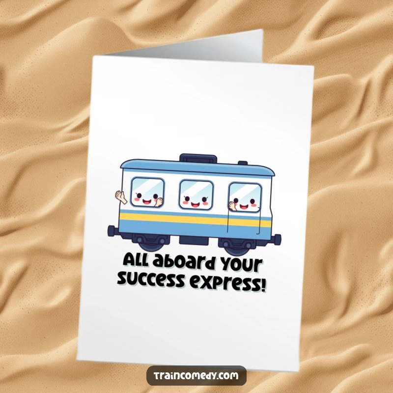 Funny Free Printable Train Congratulations Card: A happy train with smiling face windows celebrates a big achievement.