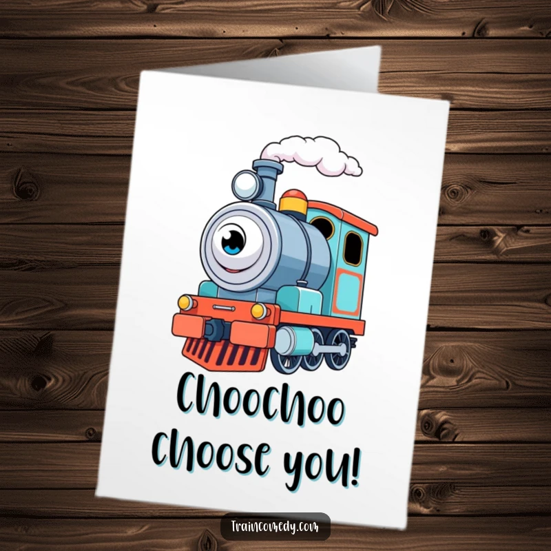 Funny Free Printable Congrats Card: A determined little train engine, eyes wide with excitement, puffing steam to celebrate a fantastic achievement.