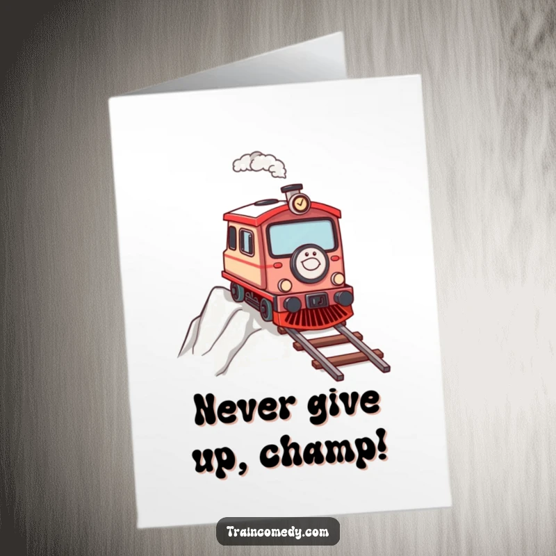 Funny Free Printable Congratulations Card: A determined train chugs up a steep incline, celebrating your achievement.