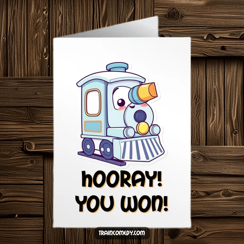 Funny Free Printable Congratulations Card: Kawaii train character smiling widely while gleefully tooting its horn.