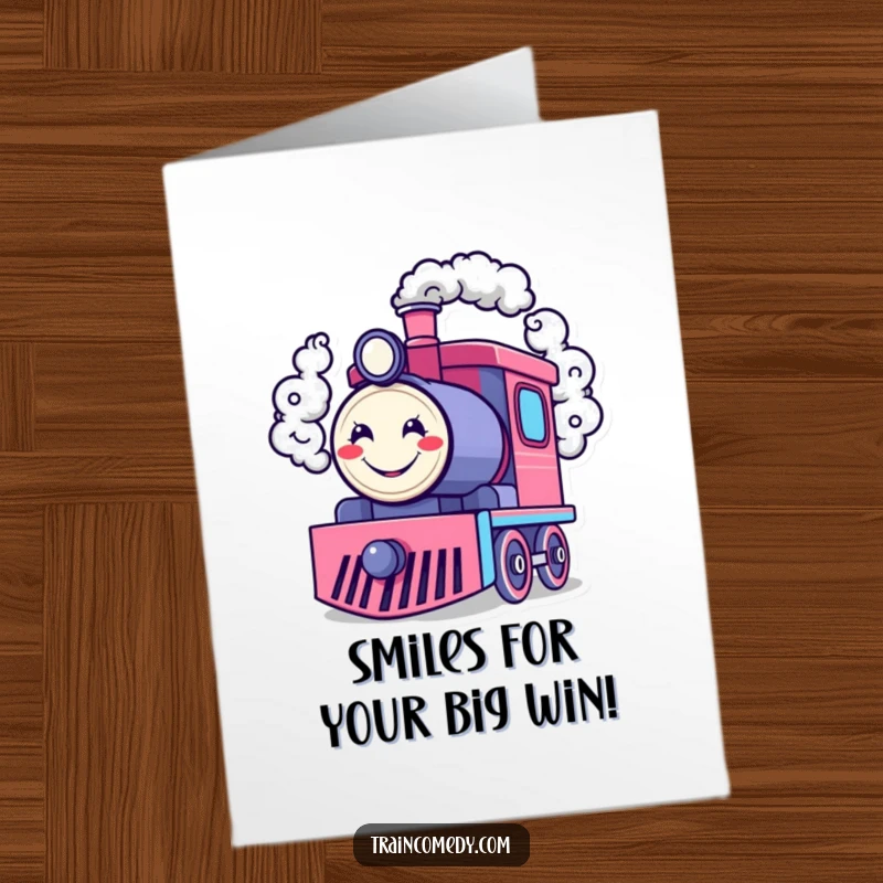 Funny Free Printable Congratulations Card: Happy train engine with smiley face smoke rings, celebrating achievements with joy.