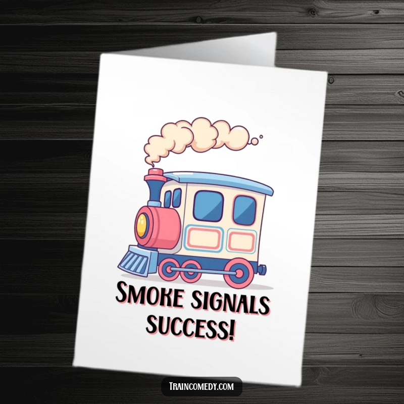 Funny Free Printable Congratulations Card: A cheerful train car blowing out whimsical, colorful smoke rings in celebration.