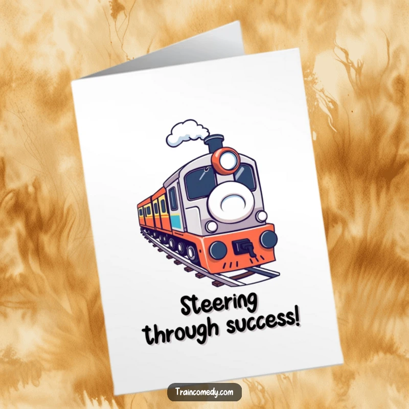 Funny Free Printable Congrats Card: A train character determinedly navigates a sharp curve, representing the successful overcoming of obstacles.