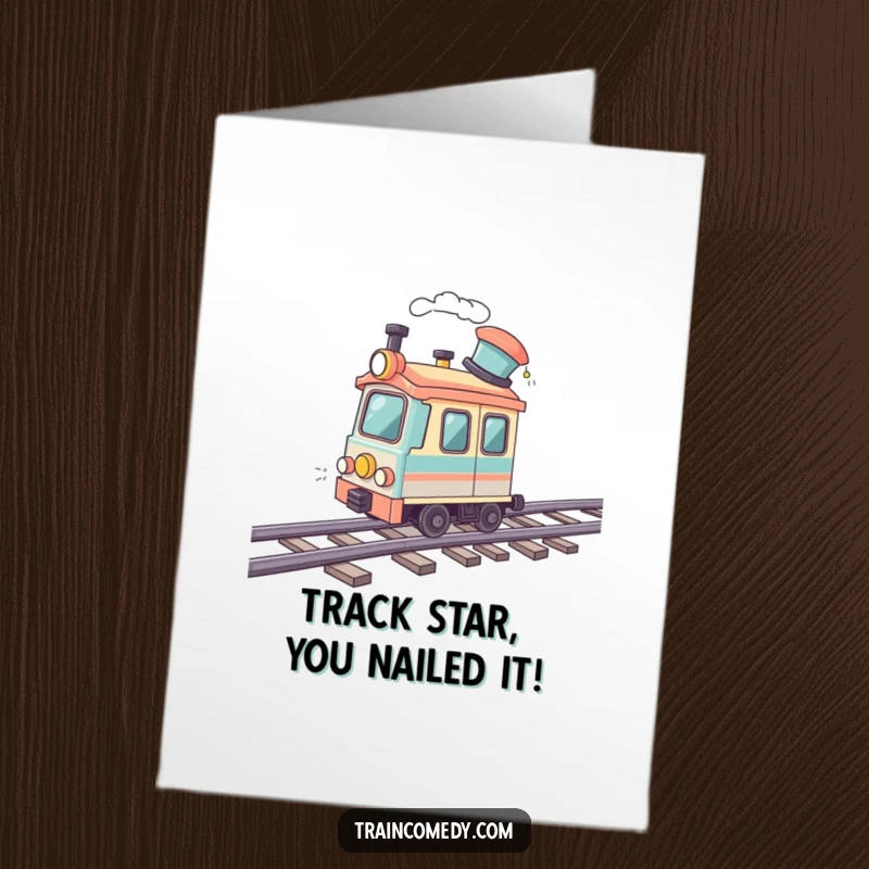 Funny free printable congratulations card featuring a train car wearing a jaunty hat, zooming along a wavy track in celebration.