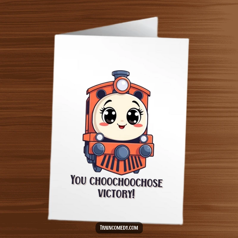 Funny Free Printable Congratulations Card of a stylized train engine looking surprised, celebrating achievements with wide-eyed wonder and excitement.
