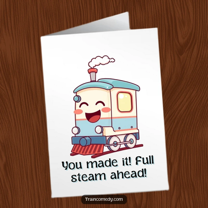 Funny free printable congratulations card with a laughing train car, its steam forming a cheerful cloud, celebrating achievements.