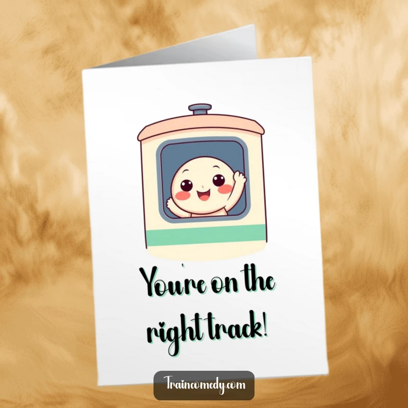 Funny Free Printable Congratulations Card: A happy, round character with a wide grin waves from a stylized train window, celebrating good news.