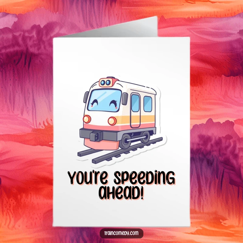Funny Free Printable Congratulations Card: A tilted train character, appearing to accelerate rapidly, congratulating big wins.