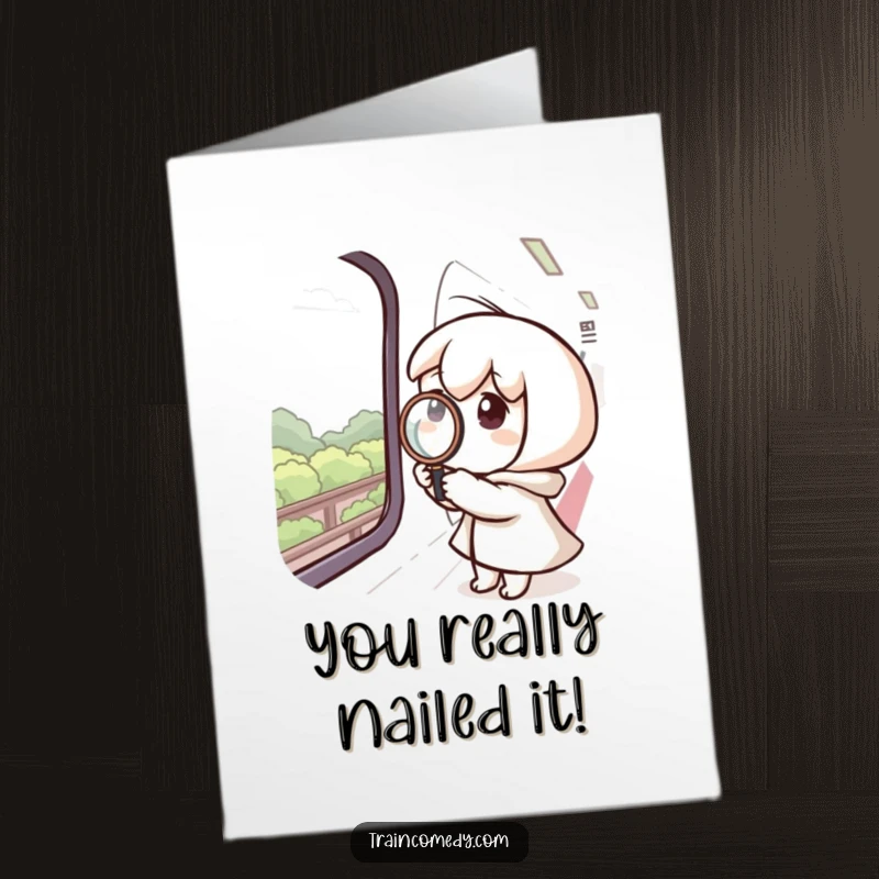 Funny Free Printable Congratulations Card: A curious character peers through a train window with a magnifying glass at scenery.