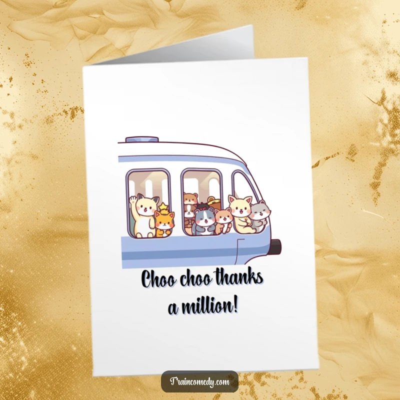 Funny Free Printable Thank You Card with a train full of happy animals waving goodbye, expressing sincere gratitude with humor.