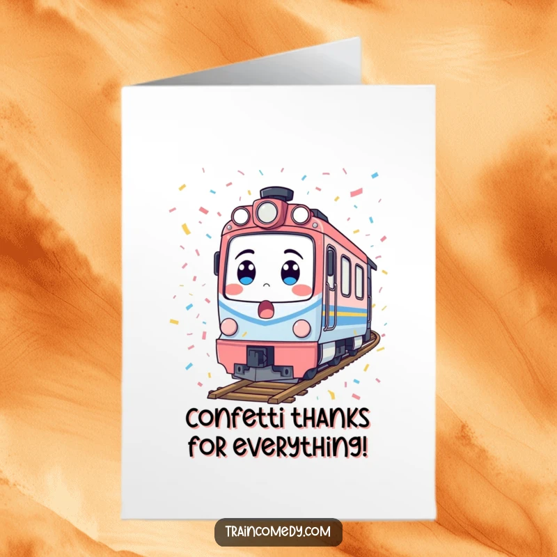 Funny Free Printable Thank You Card: A surprised train character coated in confetti, a unique DIY gift.