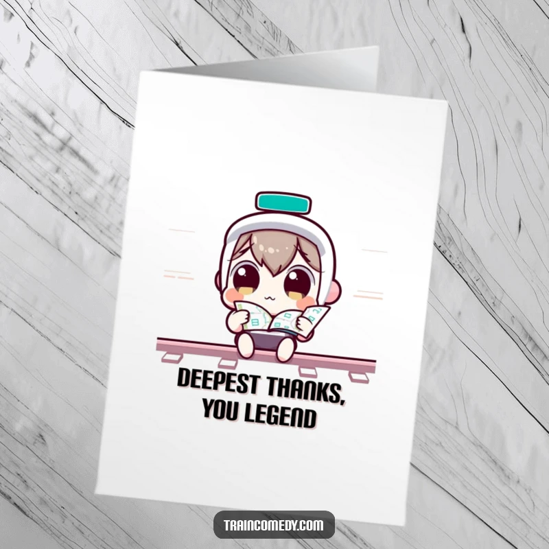 Funny Free Printable Thank You Card: An inquisitive Kawaii character intently studies a train map, expressing thanks with wonder.