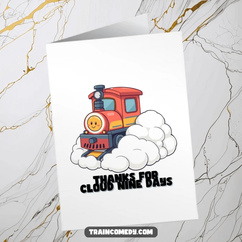 Funny Free Printable Thank You Card: A train gently bumps into soft clouds, conveying a sweet thank you.