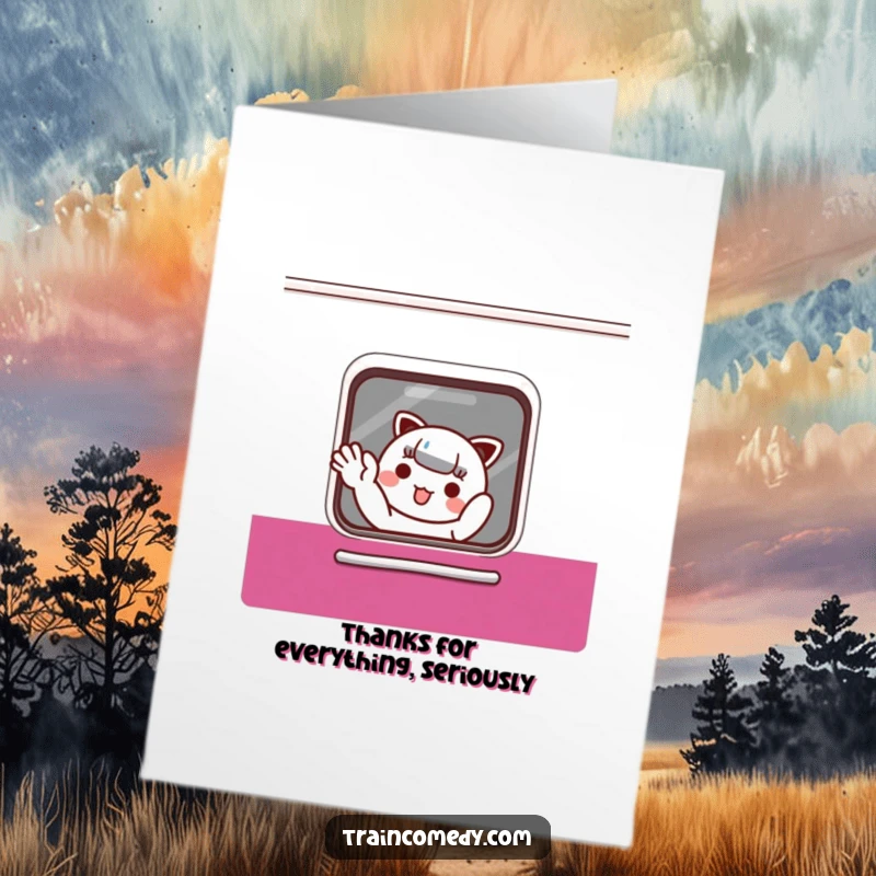 Funny Free Printable Thank You Card: Adorable Kawaii character waves from a train, expressing sincere thanks with a smile.