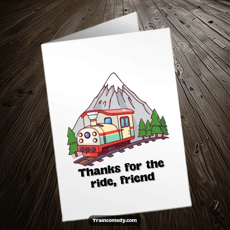 Funny Free Printable Thank You Card: A curious kawaii train peeking from behind a mountain, showing appreciation.