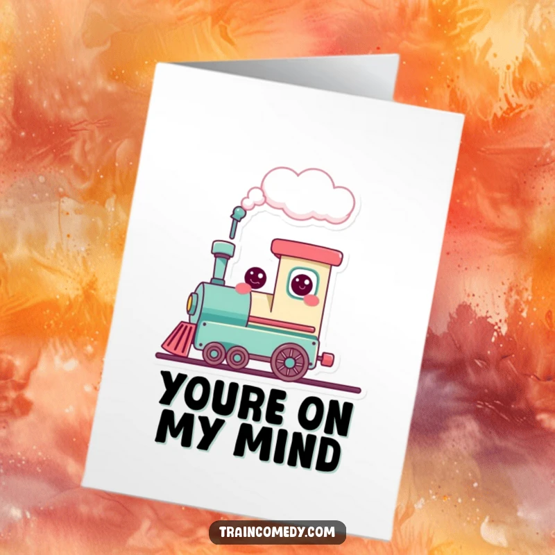 Free Printable Thank You Card: Cute smiling train puffing a heart cloud, a loving and funny thank you.