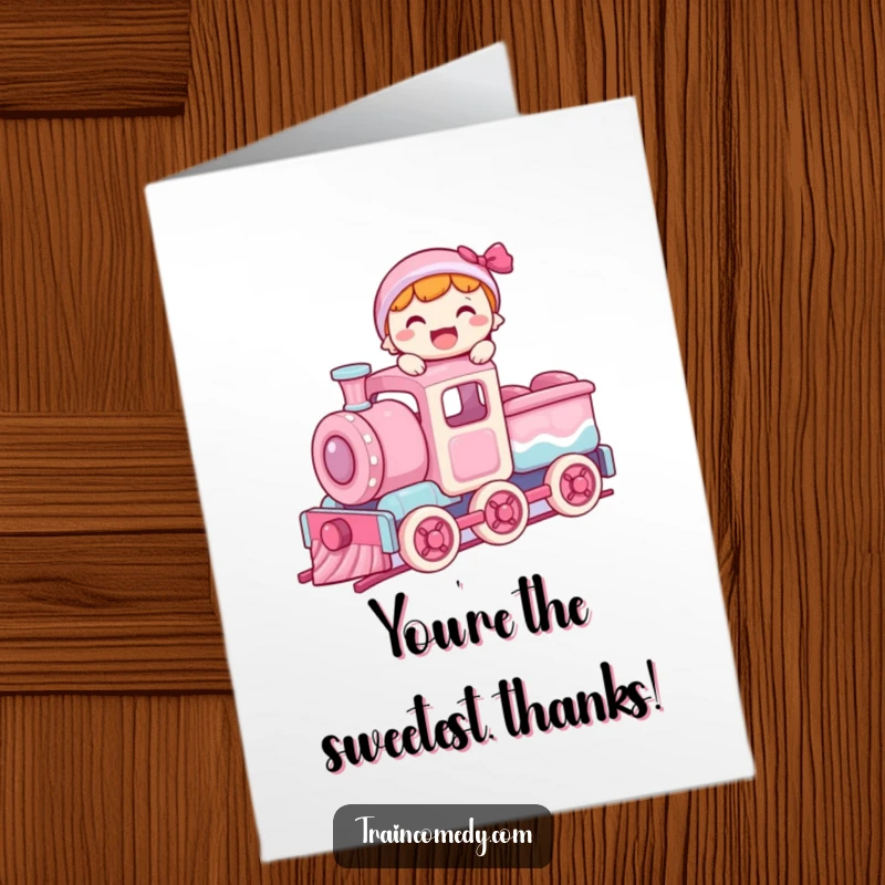 Funny Free Printable Thank You Card: Joyful character balances on the roof of a candy train car in motion.